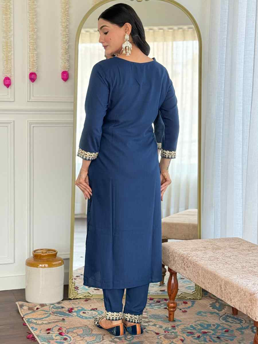 Teal Viscose Slub Embroidered Festival Casual Ready Pant Salwar Kameez