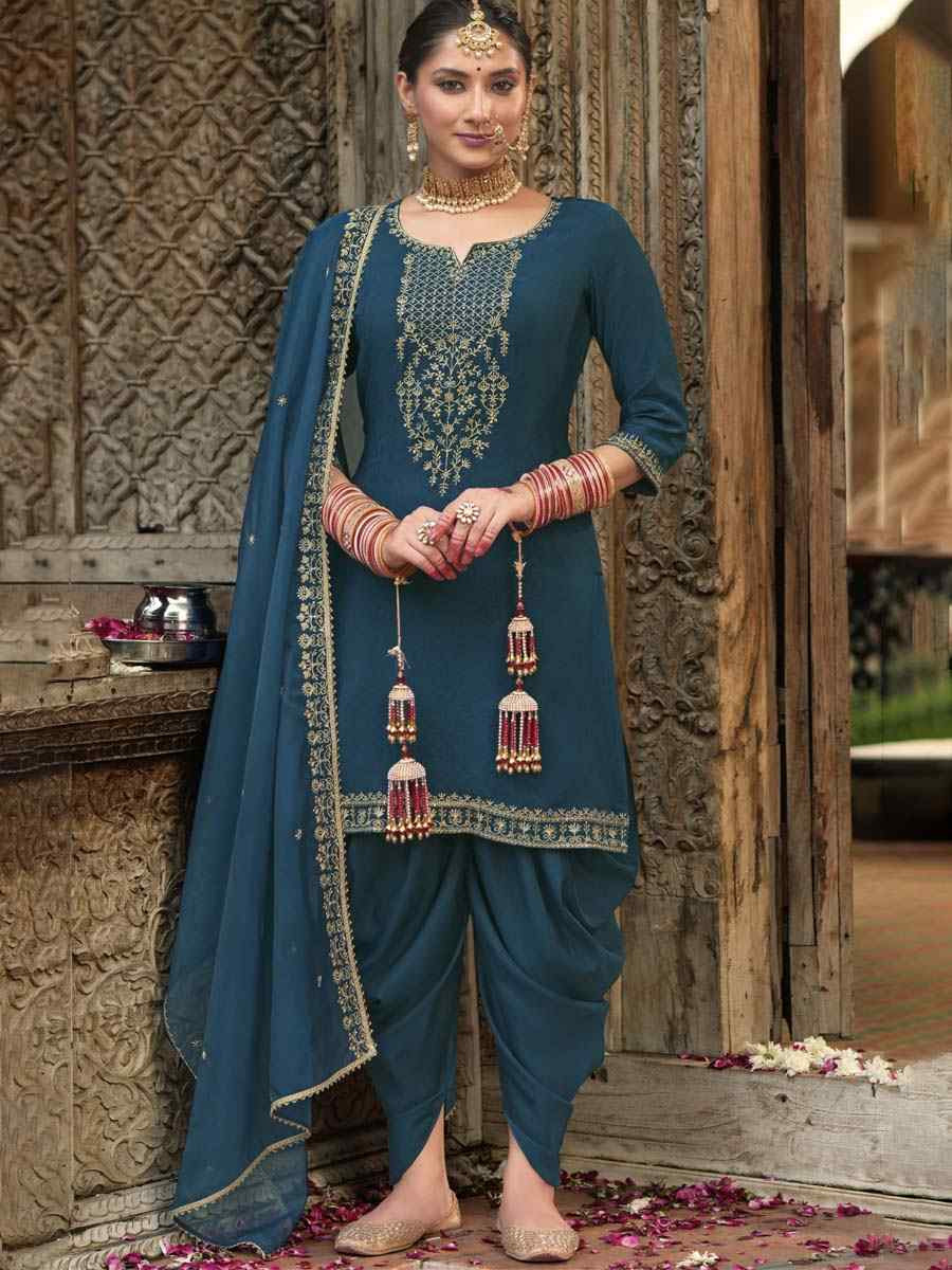 Teal Viscouse Self Jacquard Embroidered Festival Mehendi Ready Doti Pant Salwar Kameez