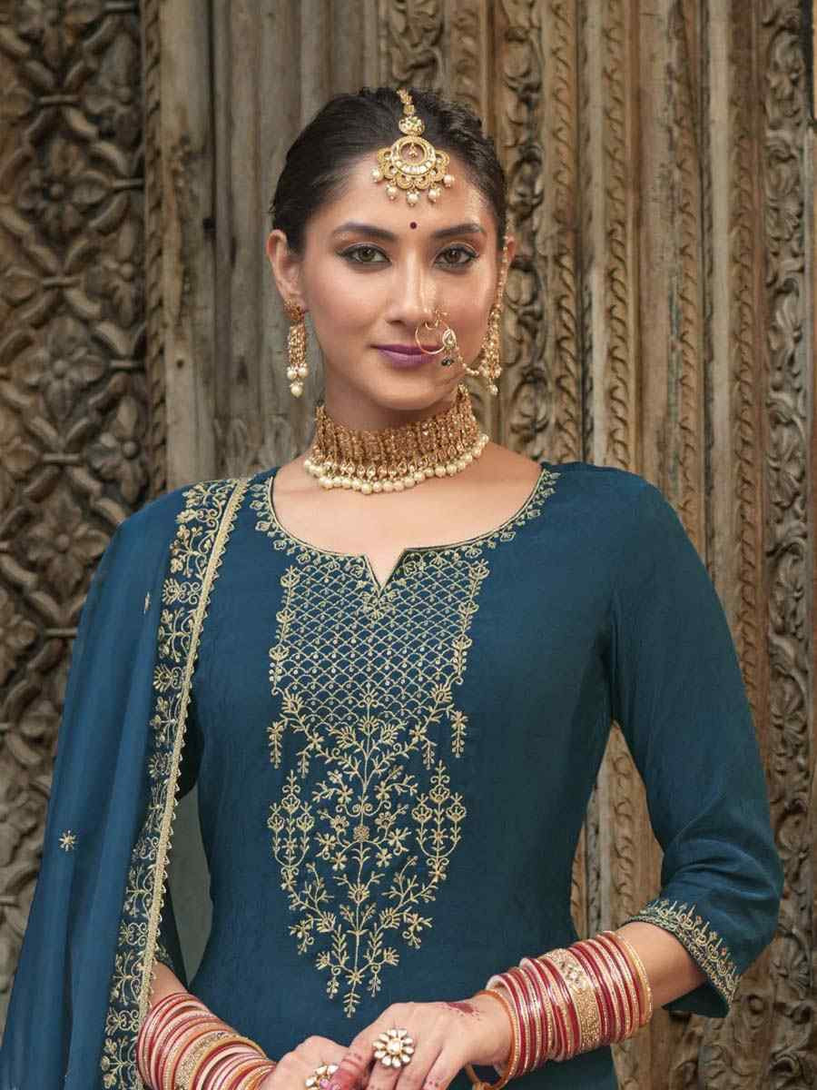 Teal Viscouse Self Jacquard Embroidered Festival Mehendi Ready Doti Pant Salwar Kameez
