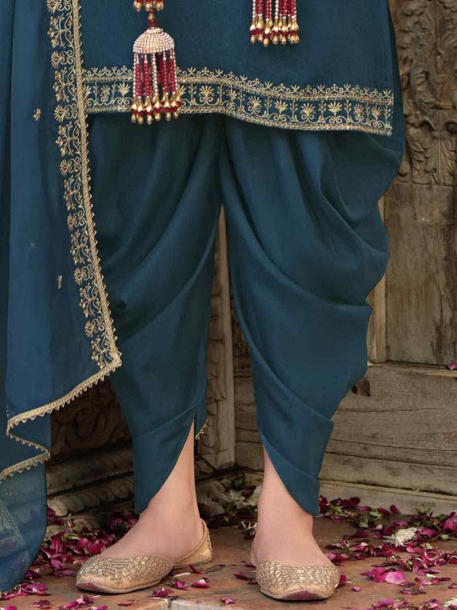 Teal Viscouse Self Jacquard Embroidered Festival Mehendi Ready Doti Pant Salwar Kameez