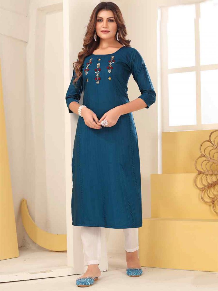 Teal Vision Silk Embroidered Festival Casual Kurti