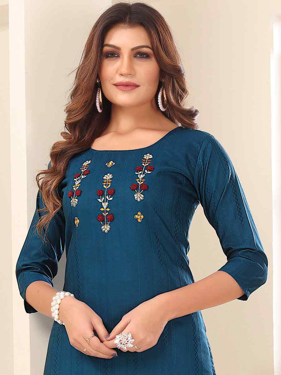 Teal Vision Silk Embroidered Festival Casual Kurti
