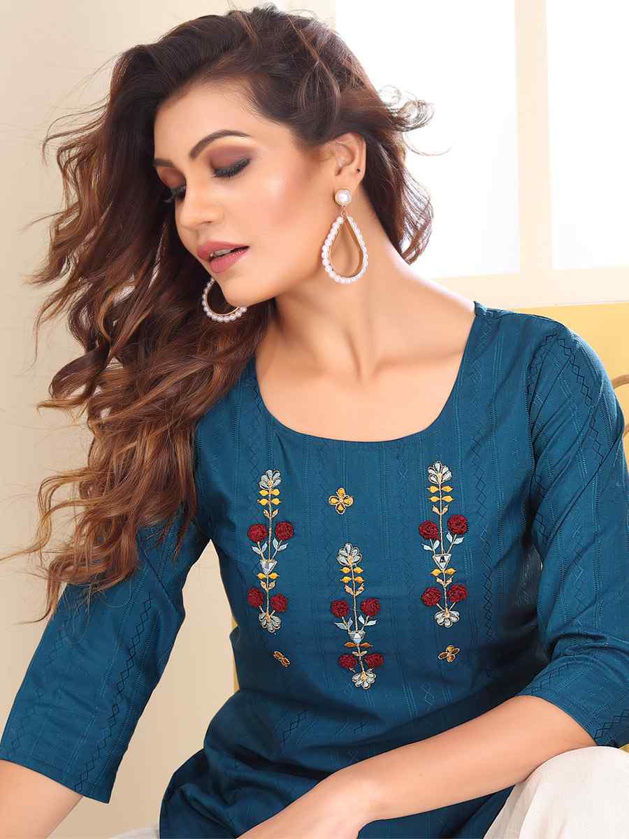 Teal Vision Silk Embroidered Festival Casual Kurti