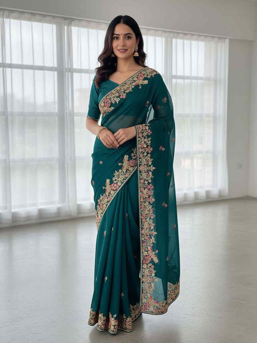 Teal Zimmy Chu Silk Embroidery Bridal Reception Festival Wedding Fancy Heavy Border Saree