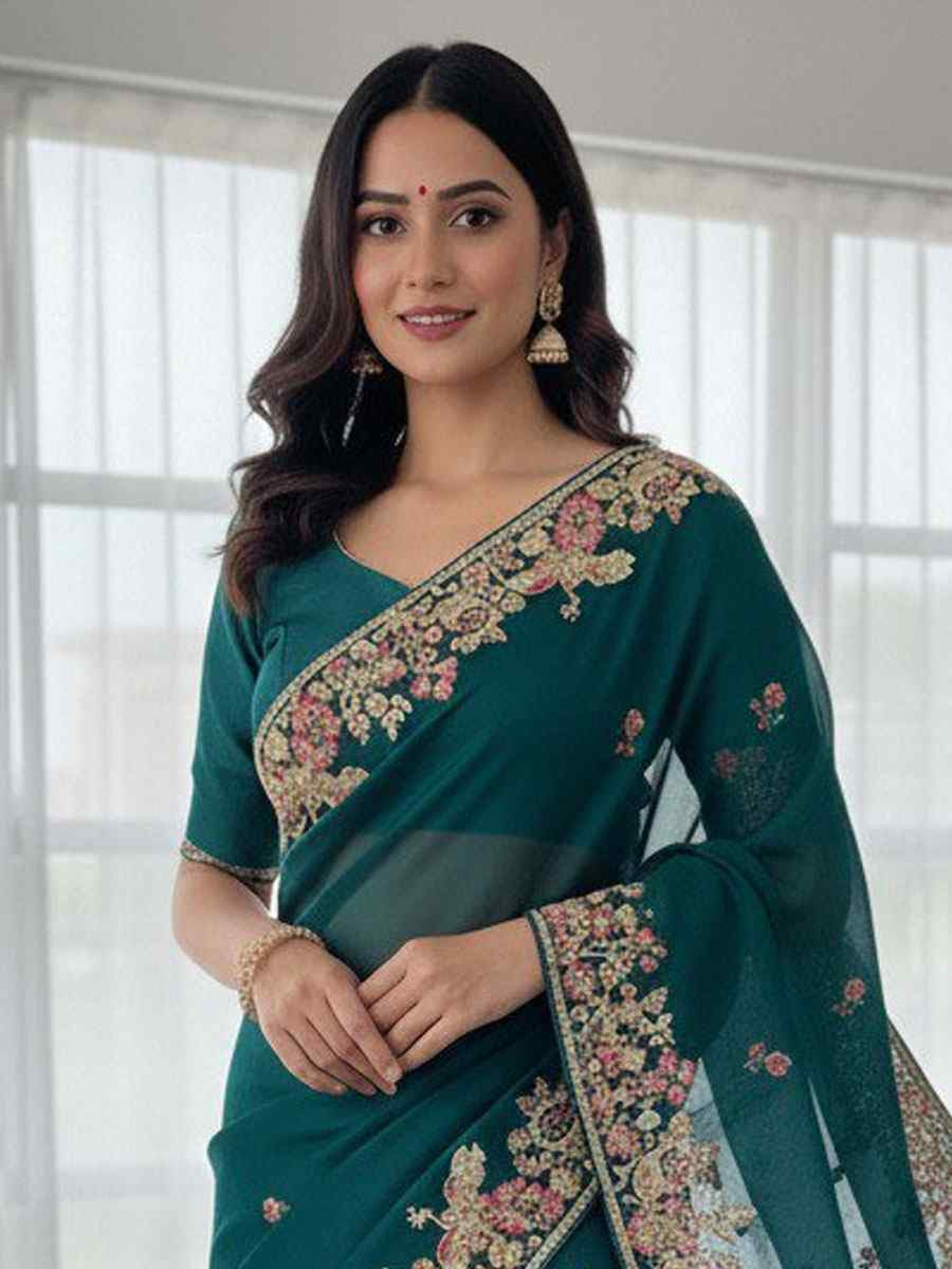 Teal Zimmy Chu Silk Embroidery Bridal Reception Festival Wedding Fancy Heavy Border Saree