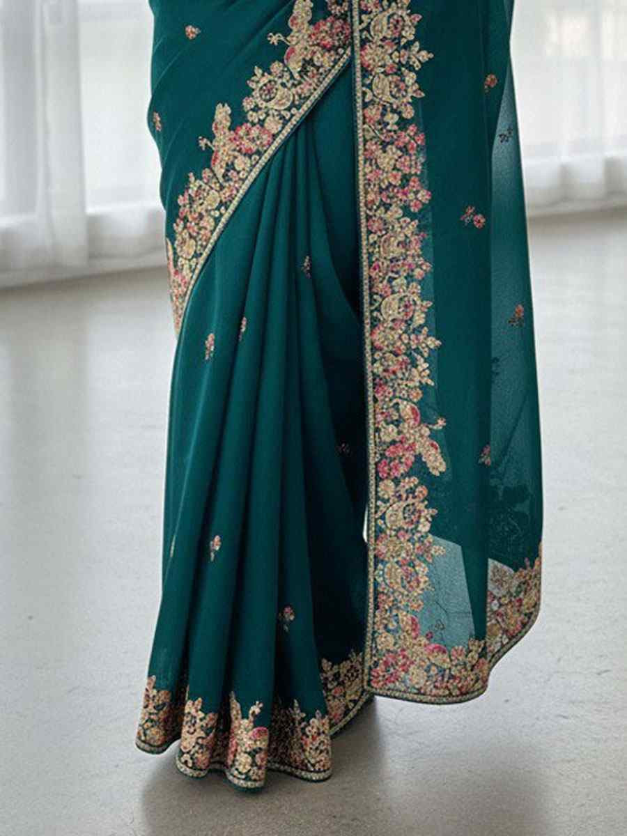 Teal Zimmy Chu Silk Embroidery Bridal Reception Festival Wedding Fancy Heavy Border Saree
