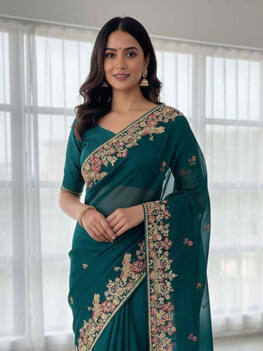 Teal Zimmy Chu Silk Embroidery Bridal Reception Festival Wedding Fancy Heavy Border Saree