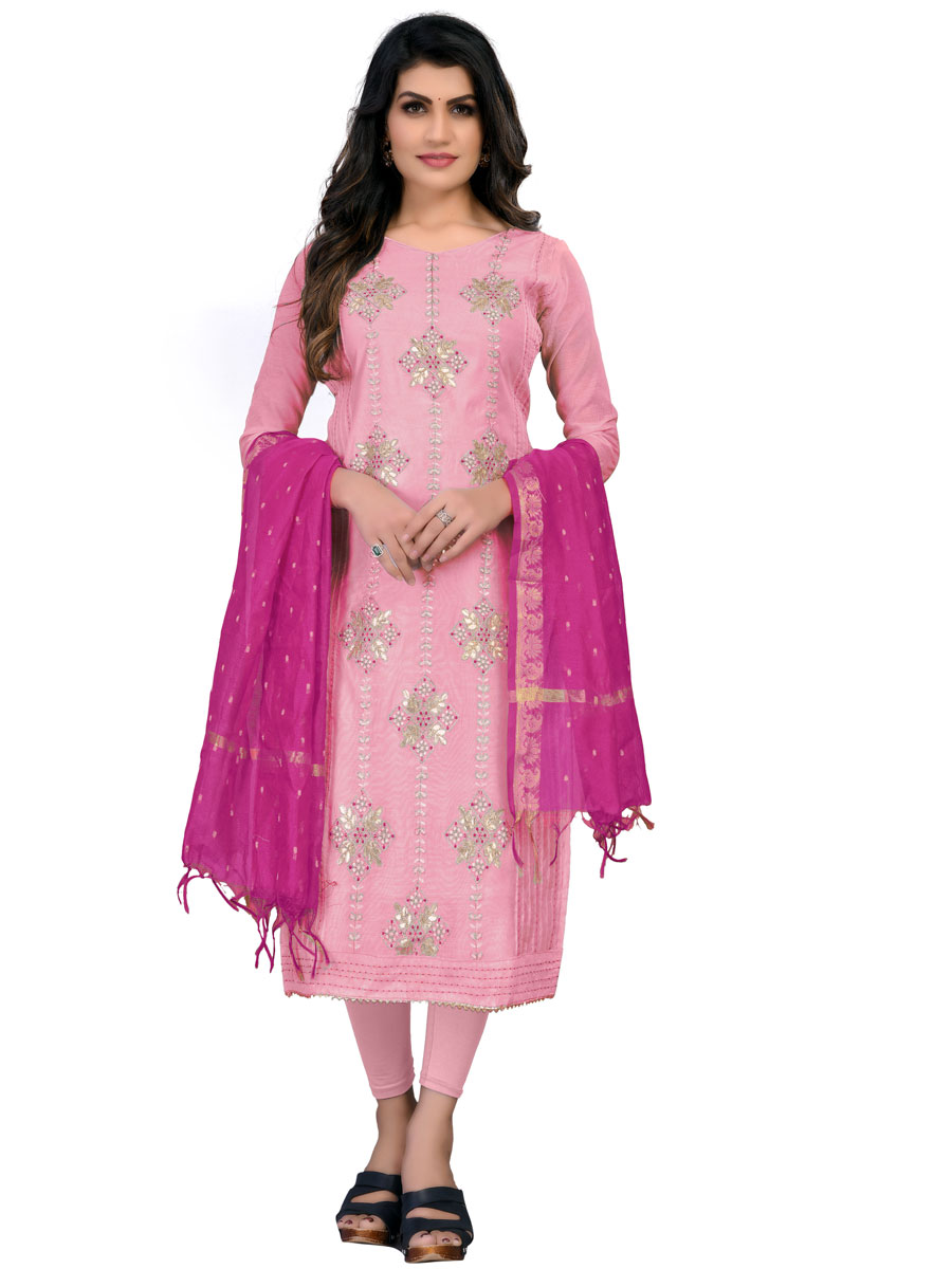 Thulian Pink Chanderi Cotton Embroidered Festival Churidar Kameez