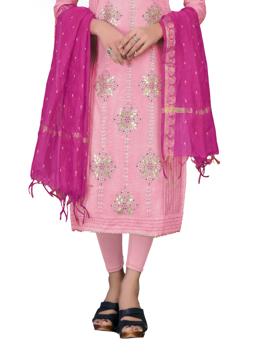 Thulian Pink Chanderi Cotton Embroidered Festival Churidar Kameez