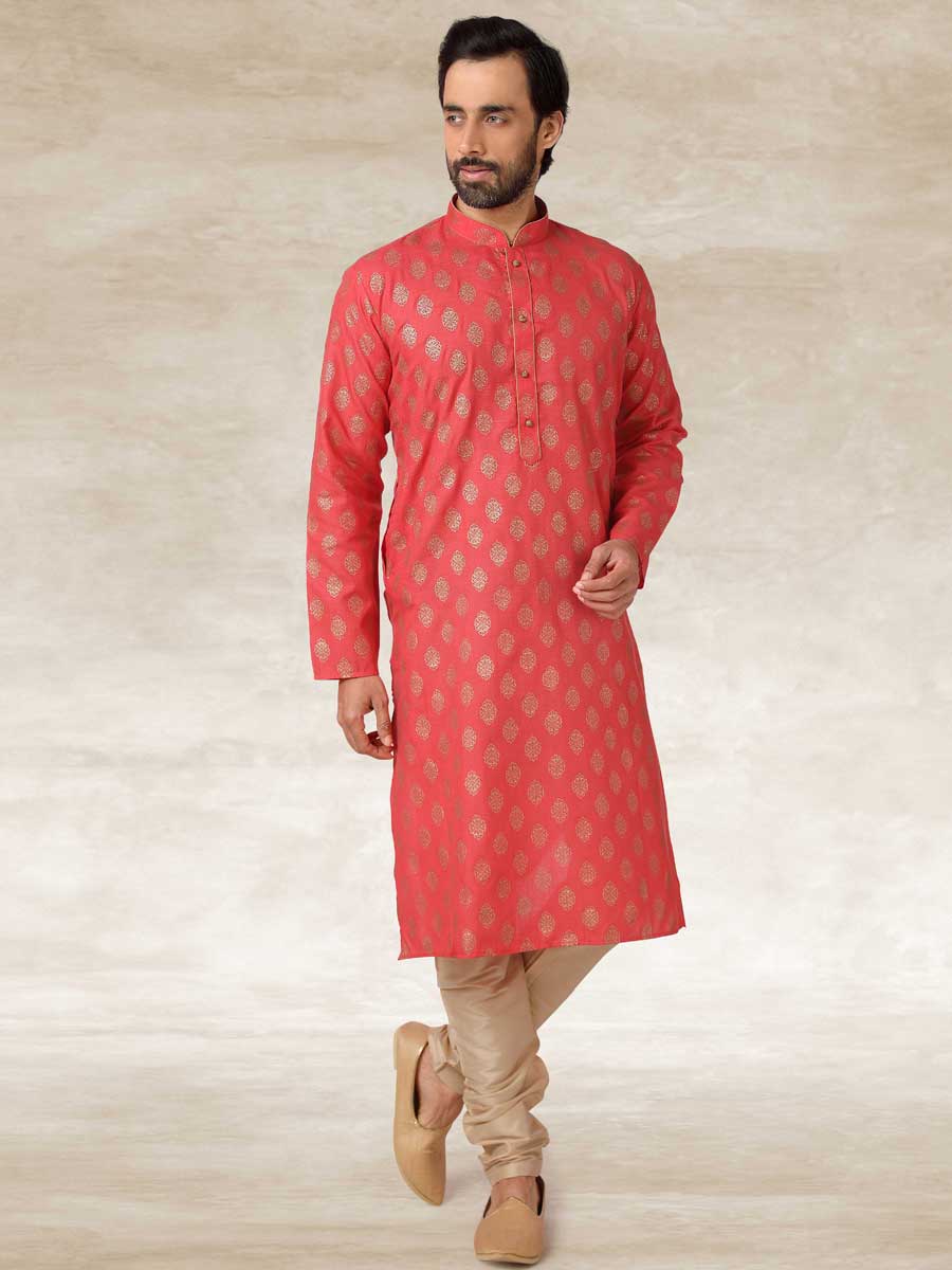 Thulian Pink Cotton Handloom Festival Kurta Set