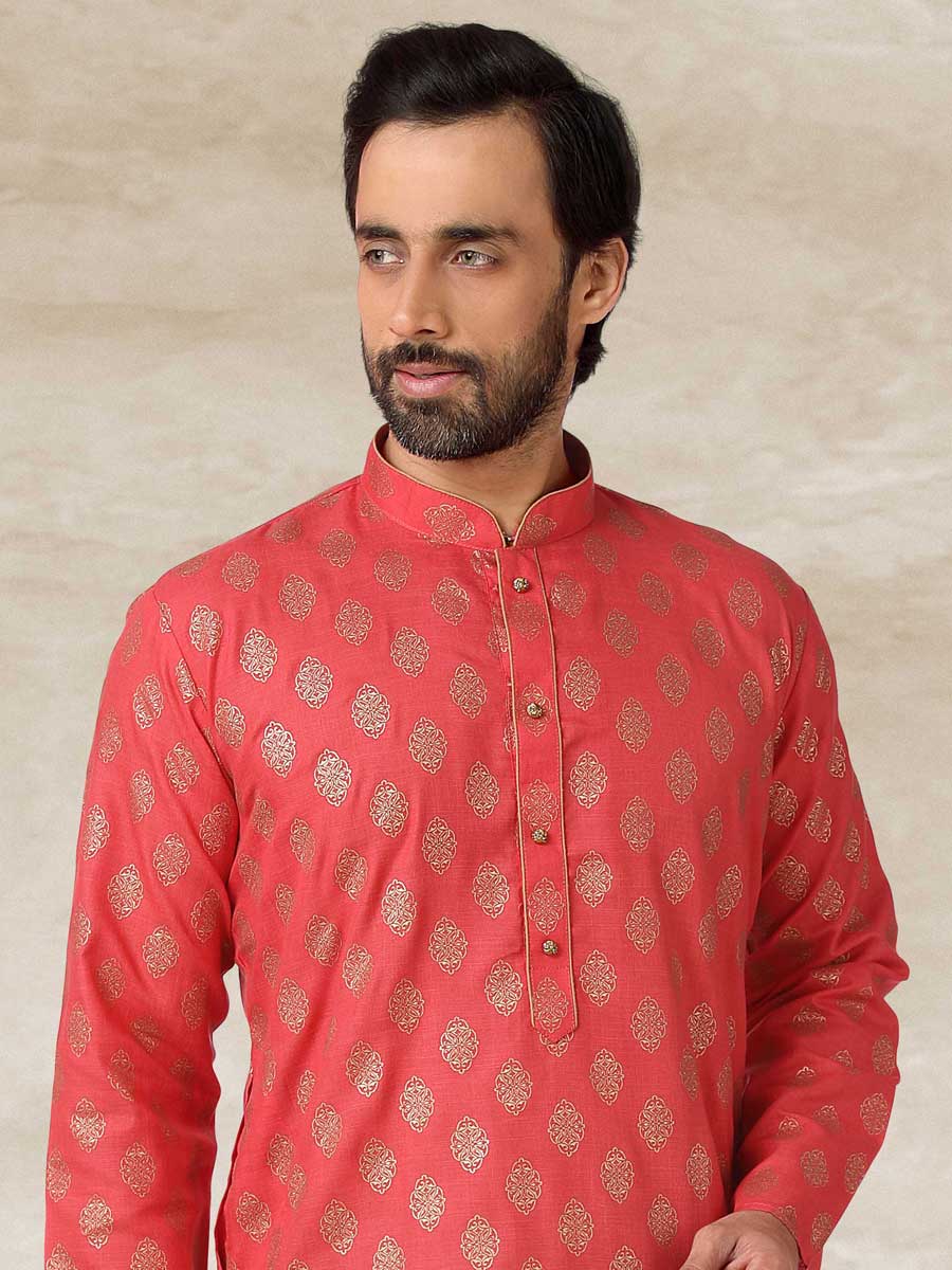 Thulian Pink Cotton Handloom Festival Kurta Set