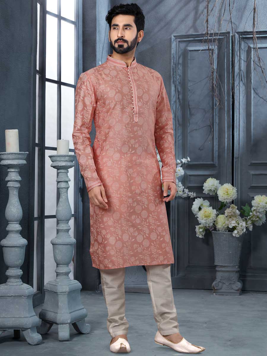 Thulian Pink Silk Embroidered Festival Kurta Set