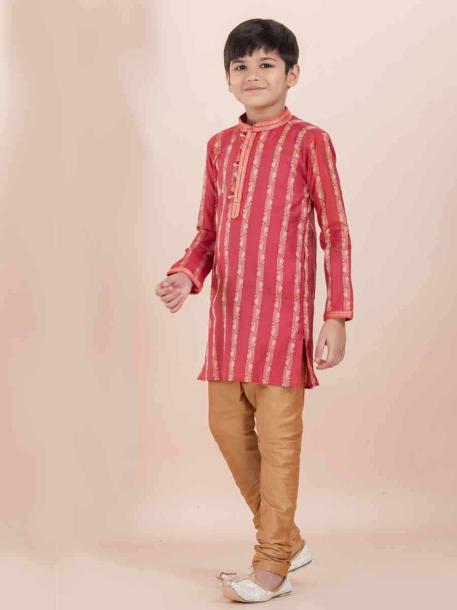 Tomato Cotton Self Jacquard Embroidered Festival Traditional Kurta Pyjama Boys Wear