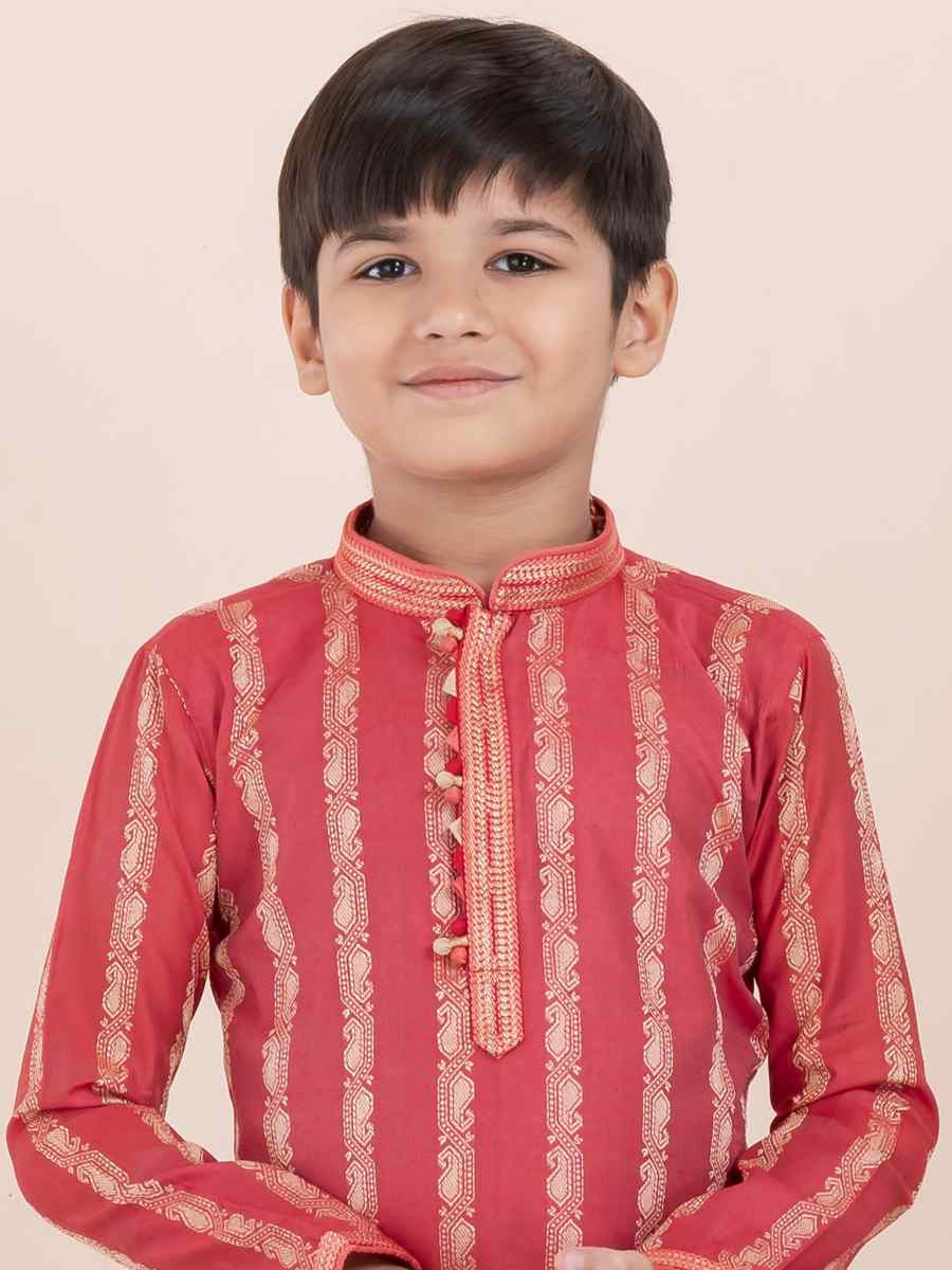 Tomato Cotton Self Jacquard Embroidered Festival Traditional Kurta Pyjama Boys Wear