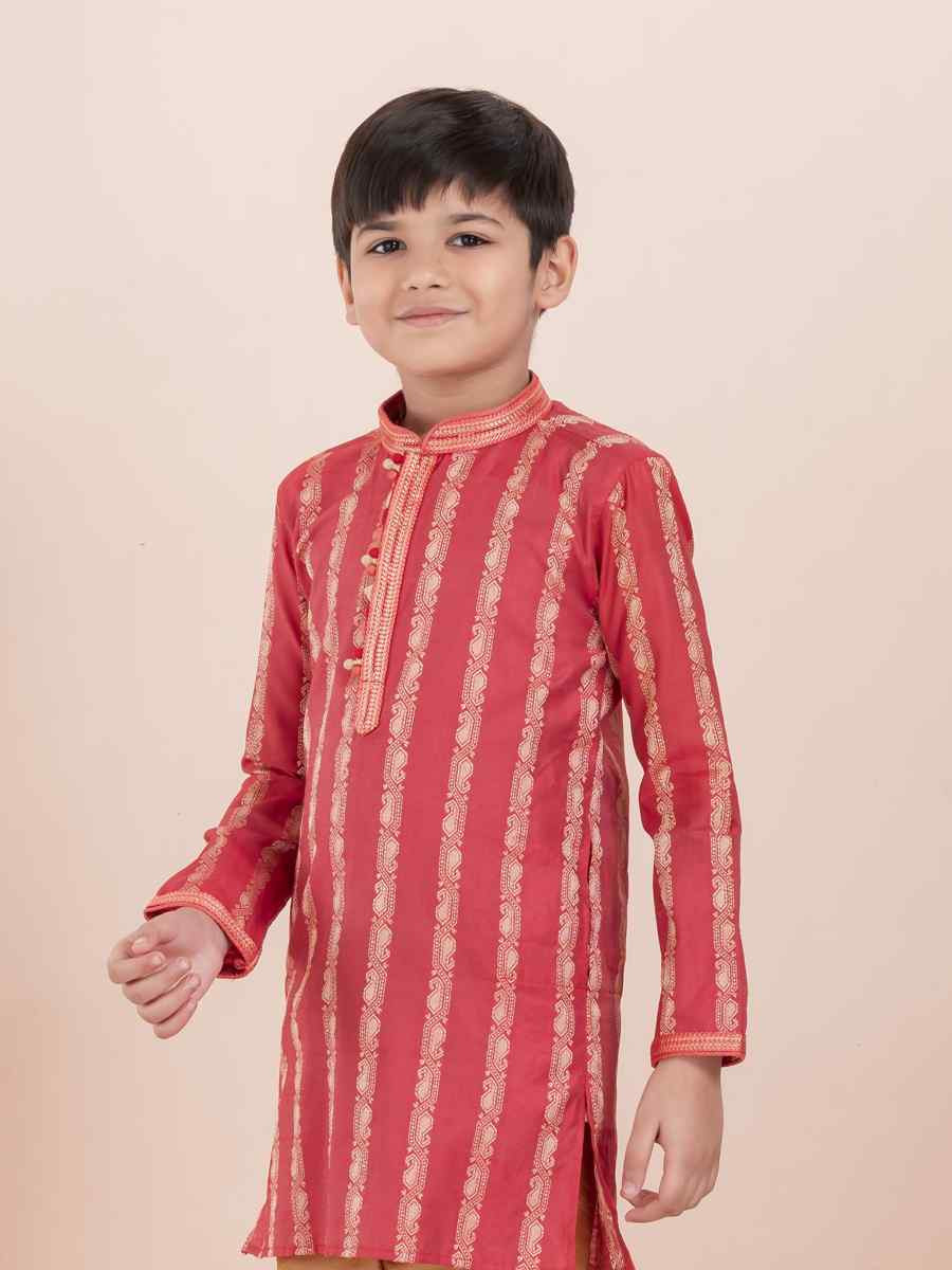 Tomato Cotton Self Jacquard Embroidered Festival Traditional Kurta Pyjama Boys Wear
