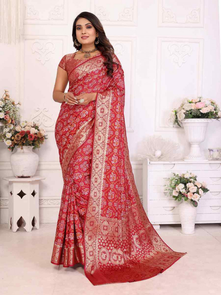 Image of Tomato Red Soft Satin Silk Handwoven Festival Wedding Fancy Heavy Border Saree