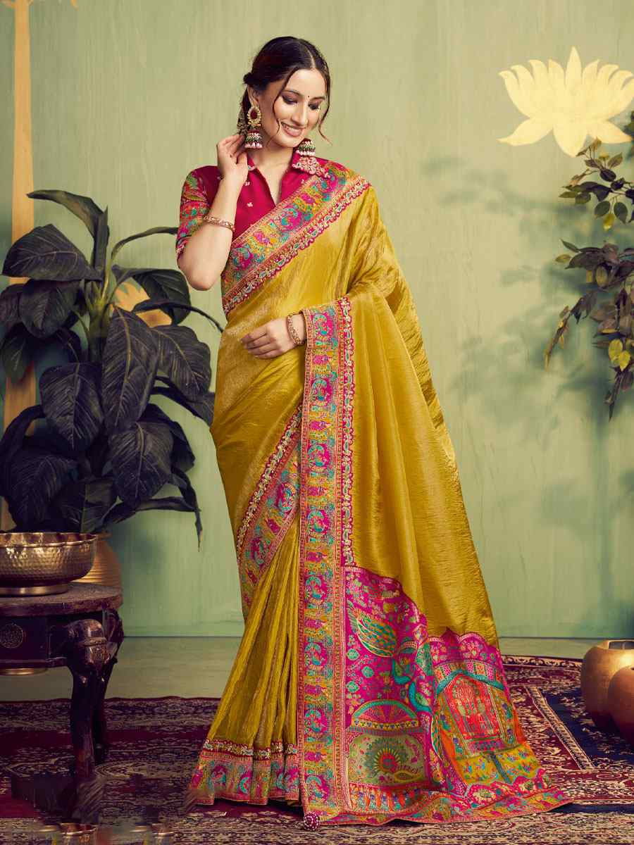 True Yellow Rangkat Woven Upada Silk Embroidery Bridal Reception Party Festival Wedding Fancy Heavy Border Sarees