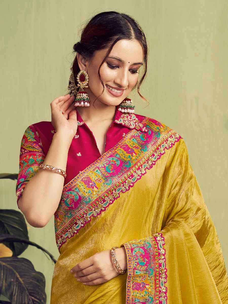 True Yellow Rangkat Woven Upada Silk Embroidery Bridal Reception Party Festival Wedding Fancy Heavy Border Sarees