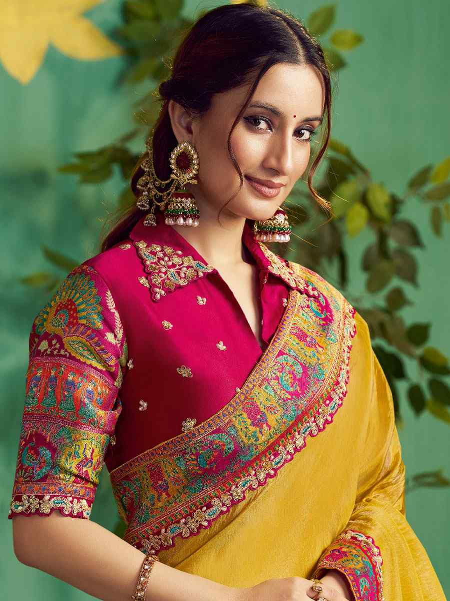 True Yellow Rangkat Woven Upada Silk Embroidery Bridal Reception Party Festival Wedding Fancy Heavy Border Sarees