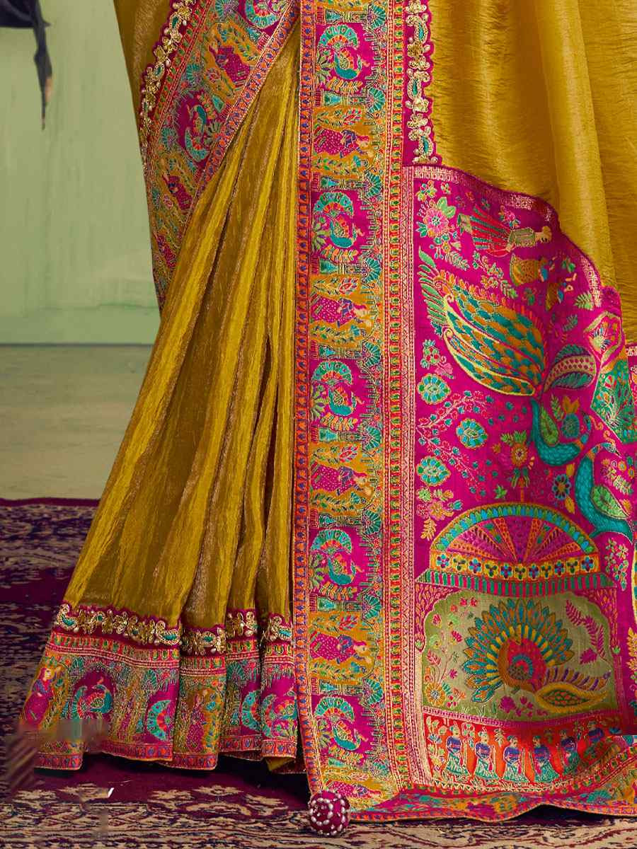 True Yellow Rangkat Woven Upada Silk Embroidery Bridal Reception Party Festival Wedding Fancy Heavy Border Sarees