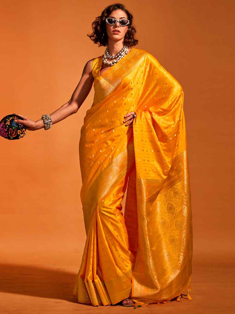 Tulip Tree Yellow Satin Handwoven Wedding Festival Heavy Border Saree