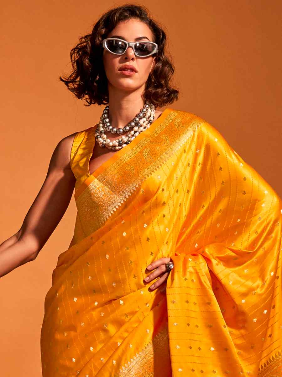 Tulip Tree Yellow Satin Handwoven Wedding Festival Heavy Border Saree