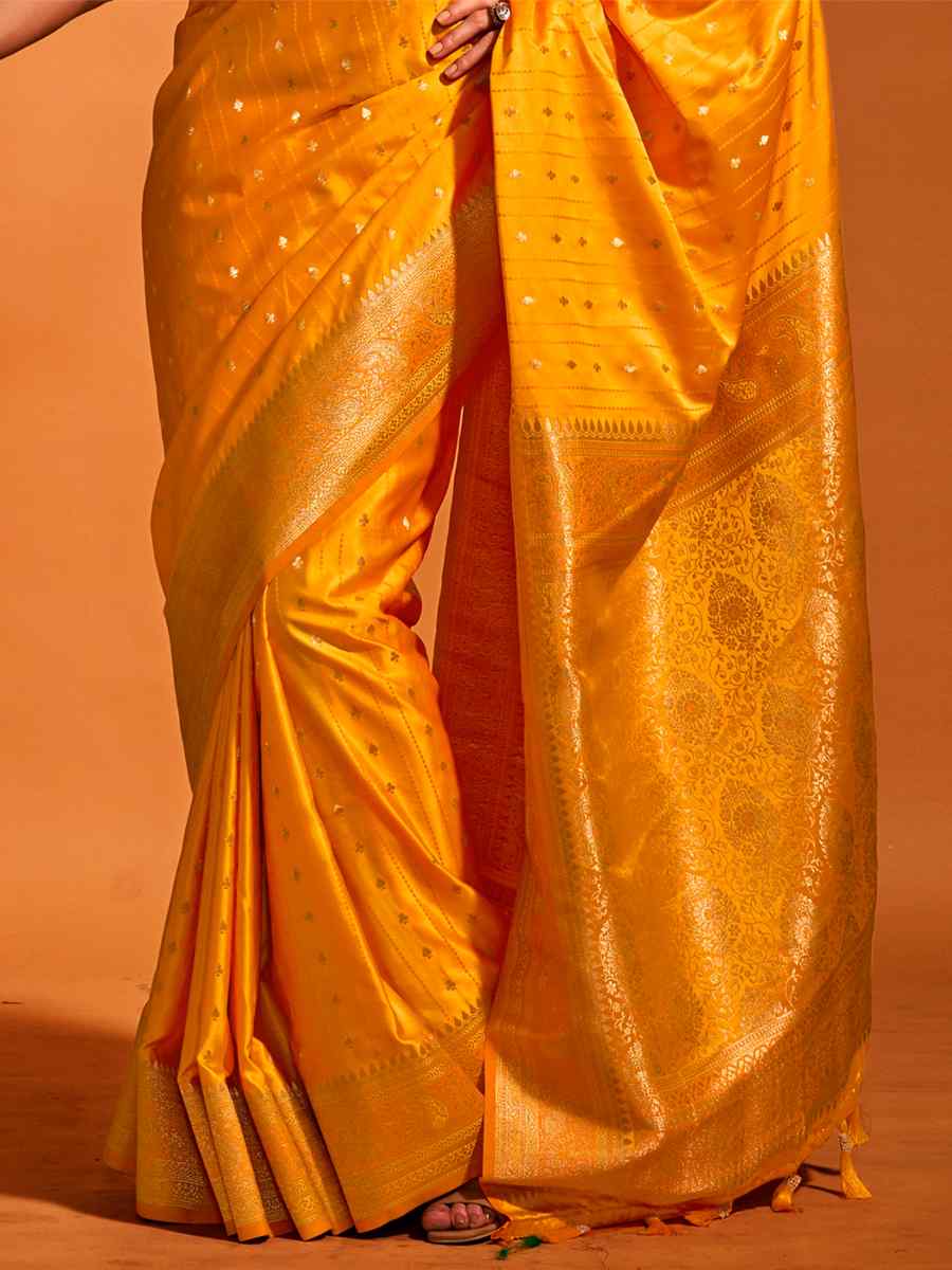 Tulip Tree Yellow Satin Handwoven Wedding Festival Heavy Border Saree