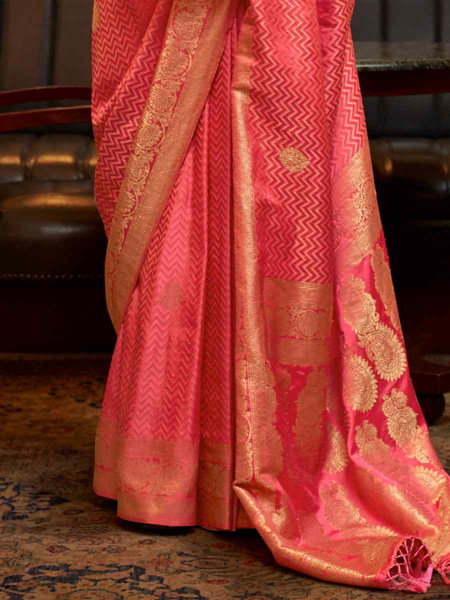 Tulipe Pink Pure Satin Silk Handwoven Wedding Festival Classic Style Saree