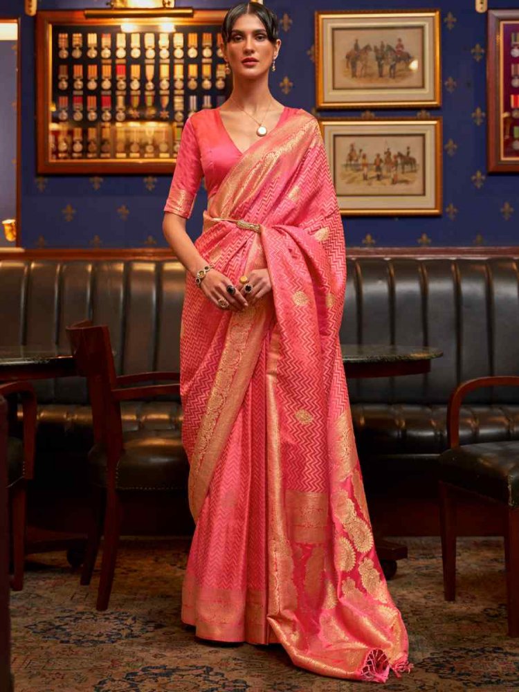 Tulipe Pink Pure Satin Silk Handwoven Wedding Festival Classic Style Saree