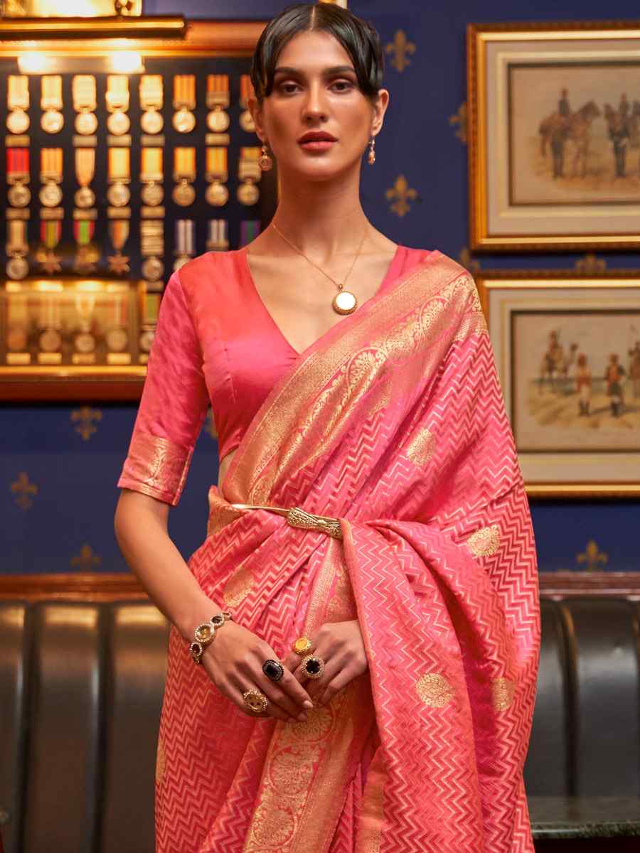 Tulipe Pink Pure Satin Silk Handwoven Wedding Festival Classic Style Saree
