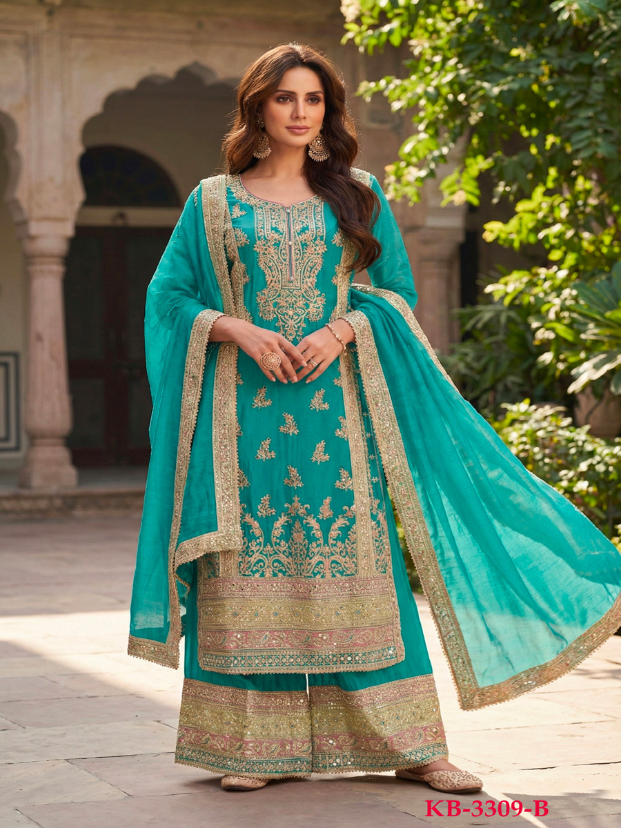 Turquise Heavy Chinon Embroidery Zari Wedding Party Festival Casual Palazzo Pant Salwar Kameez