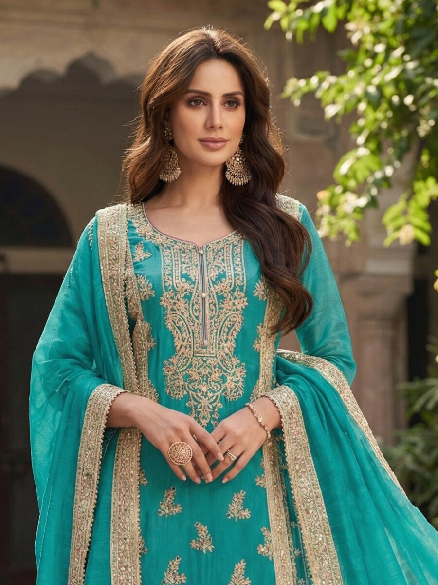 Turquise Heavy Chinon Embroidery Zari Wedding Party Festival Casual Palazzo Pant Salwar Kameez