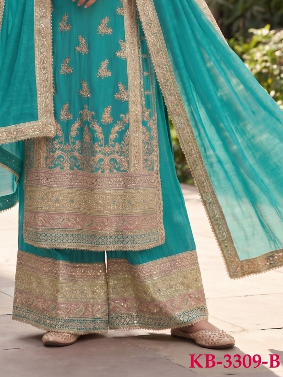 Turquise Heavy Chinon Embroidery Zari Wedding Party Festival Casual Palazzo Pant Salwar Kameez