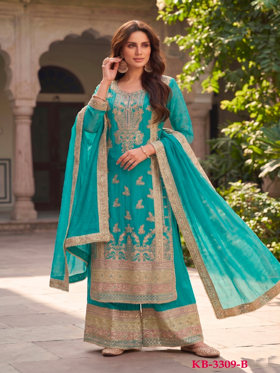 Turquise Heavy Chinon Embroidery Zari Wedding Party Festival Casual Palazzo Pant Salwar Kameez