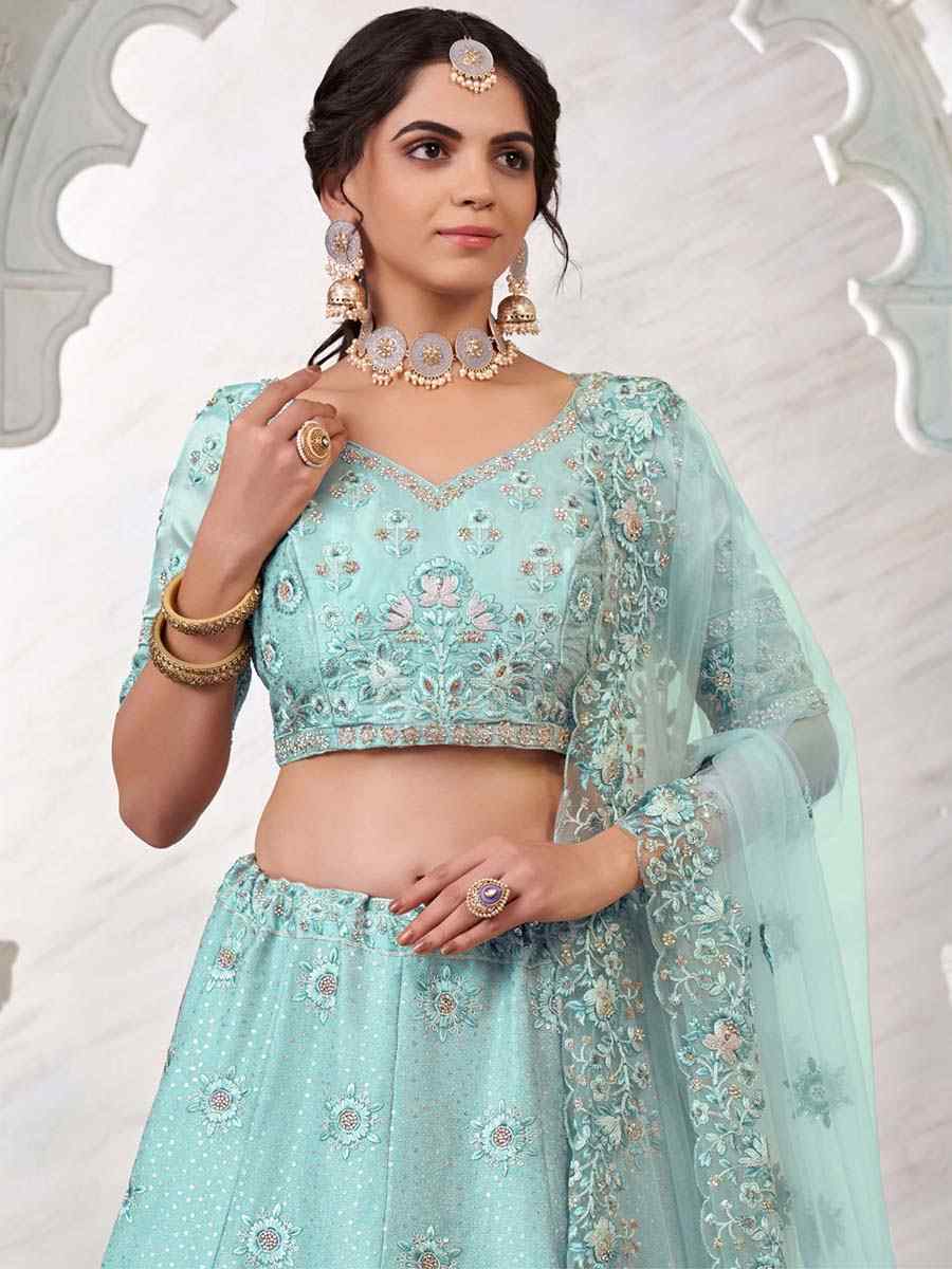 Turquoise Art Silk Embroidered Bridal Reception Heavy Border Lehenga Choli