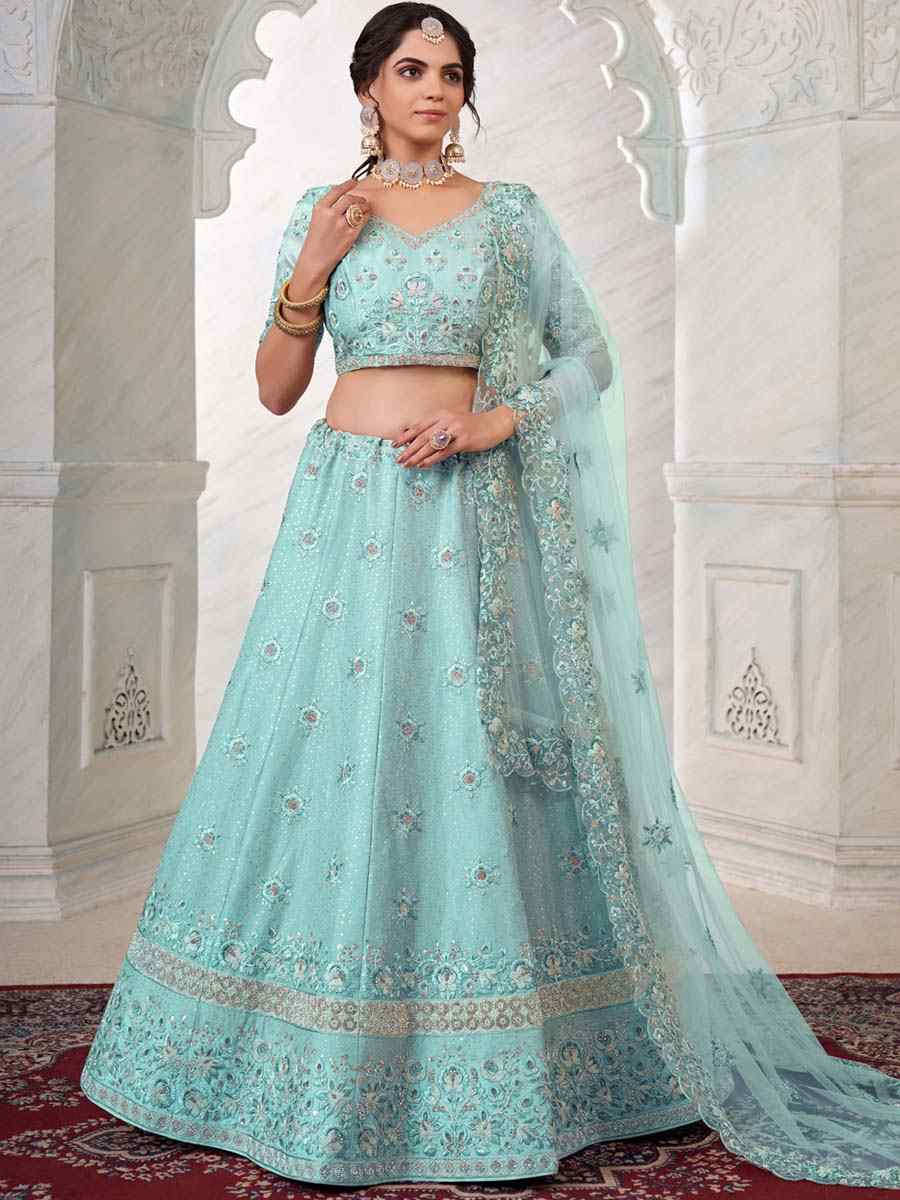 Turquoise Art Silk Embroidered Bridal Reception Heavy Border Lehenga Choli