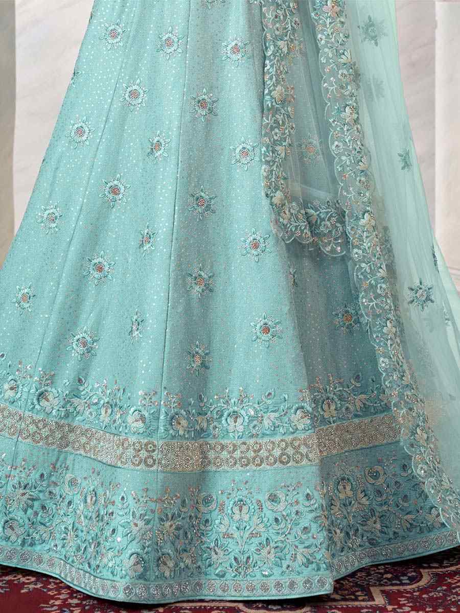 Turquoise Art Silk Embroidered Bridal Reception Heavy Border Lehenga Choli