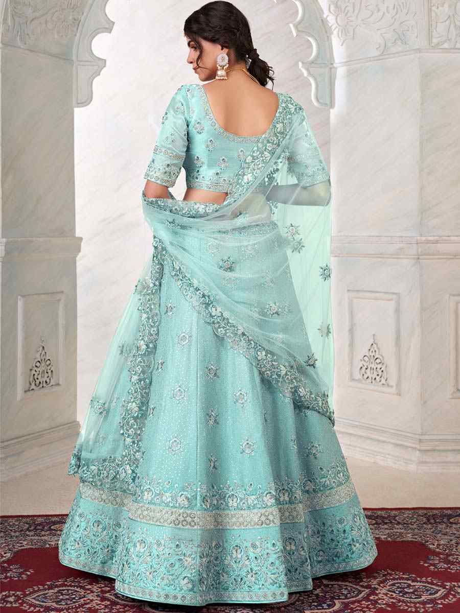 Turquoise Art Silk Embroidered Bridal Reception Heavy Border Lehenga Choli