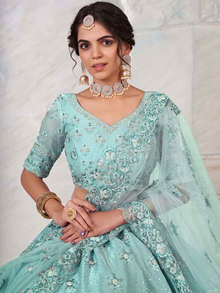 Turquoise Art Silk Embroidered Bridal Reception Heavy Border Lehenga Choli