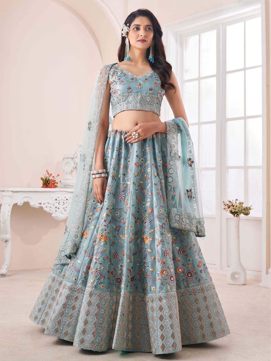 Turquoise Art Silk Embroidered Engagement Wedding Heavy Border Lehenga Choli
