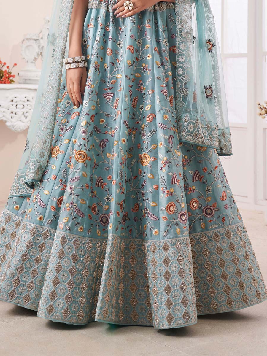 Turquoise Art Silk Embroidered Engagement Wedding Heavy Border Lehenga Choli