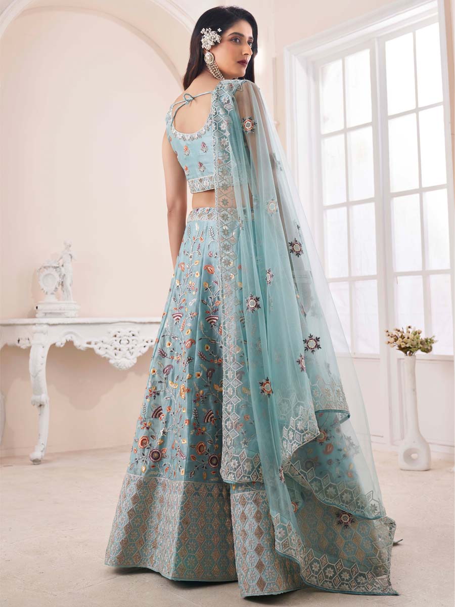 Turquoise Art Silk Embroidered Engagement Wedding Heavy Border Lehenga Choli