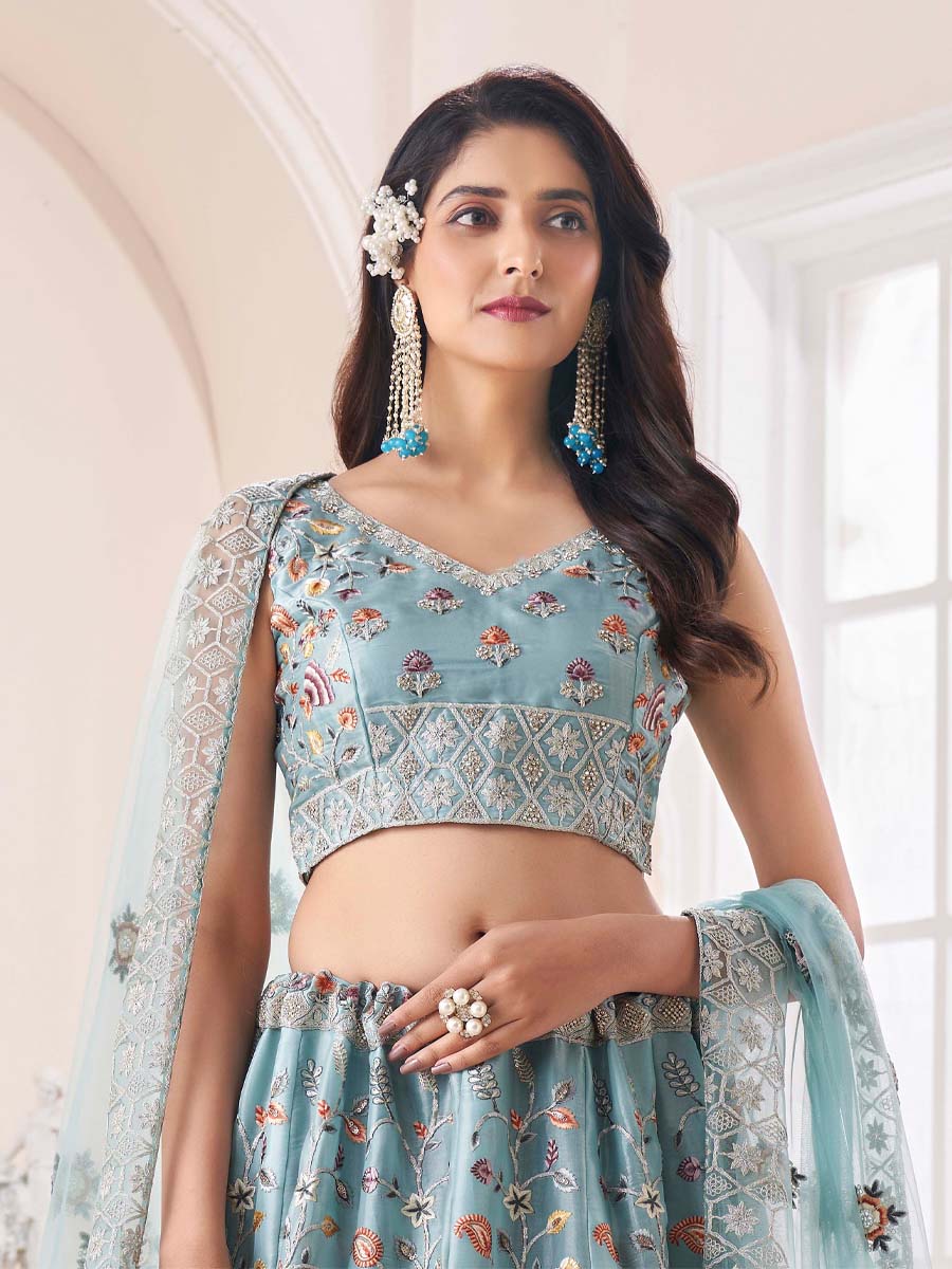 Turquoise Art Silk Embroidered Engagement Wedding Heavy Border Lehenga Choli