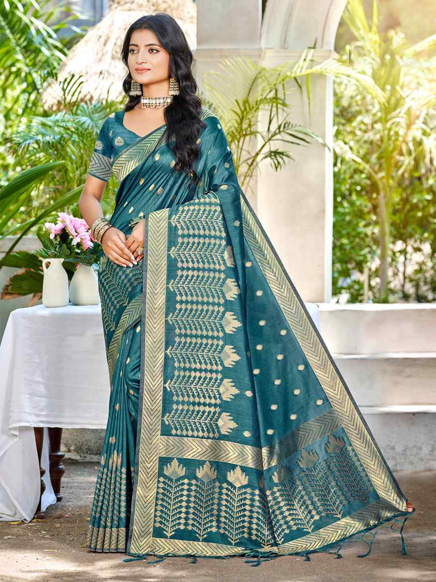 Turquoise Assam Silk Handwoven Traditional Bridal Reception Festival Wedding Fancy Heavy Border Saree