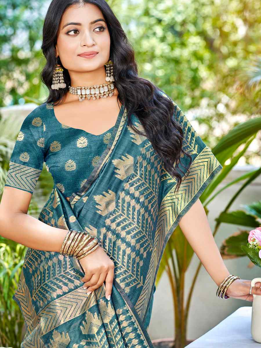 Turquoise Assam Silk Handwoven Traditional Bridal Reception Festival Wedding Fancy Heavy Border Saree