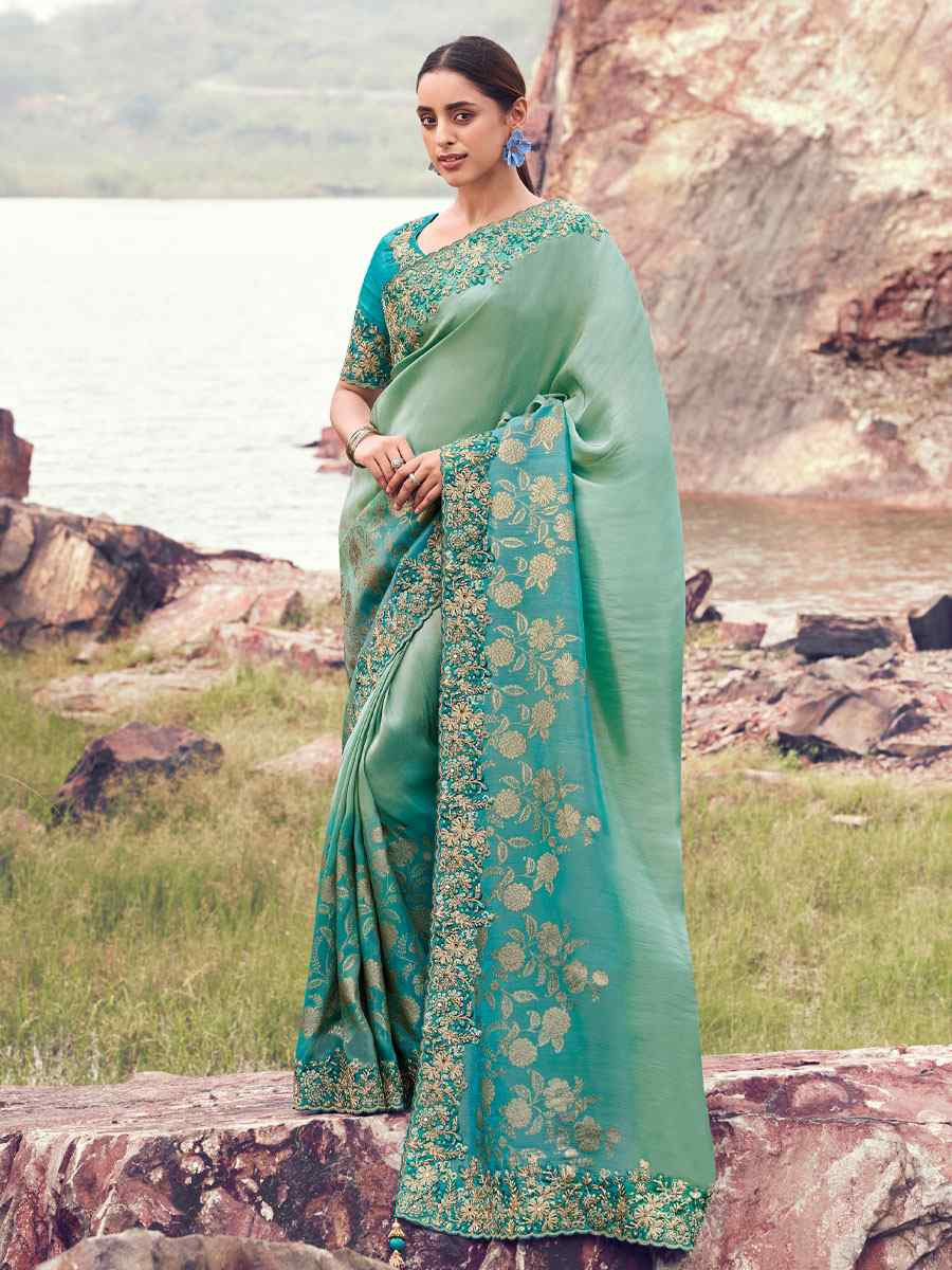 Turquoise Bagalpuri Silk Embroidery Bridal Reception Festival Wedding Fancy Heavy Border Saree