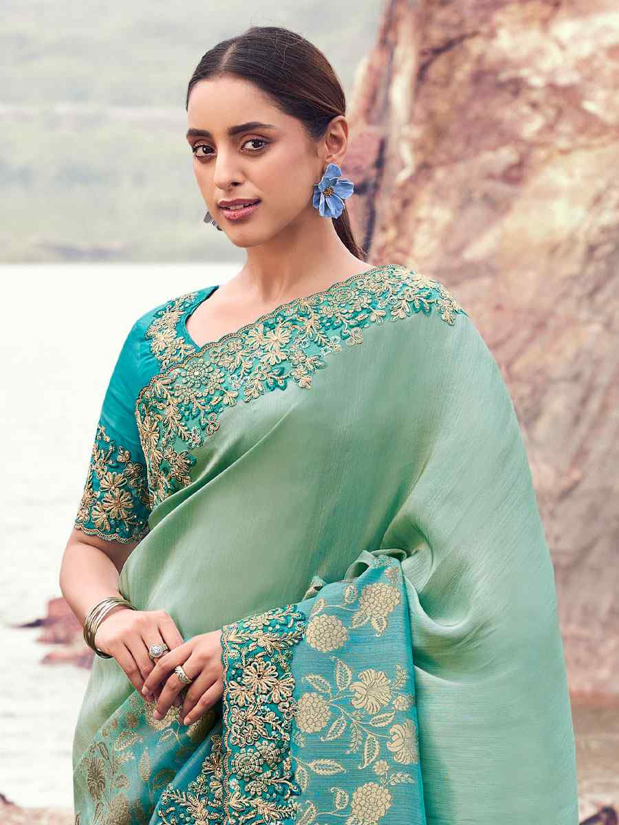 Turquoise Bagalpuri Silk Embroidery Bridal Reception Festival Wedding Fancy Heavy Border Saree