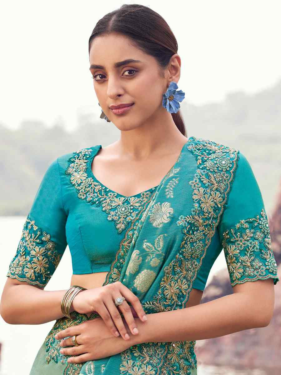 Turquoise Bagalpuri Silk Embroidery Bridal Reception Festival Wedding Fancy Heavy Border Saree
