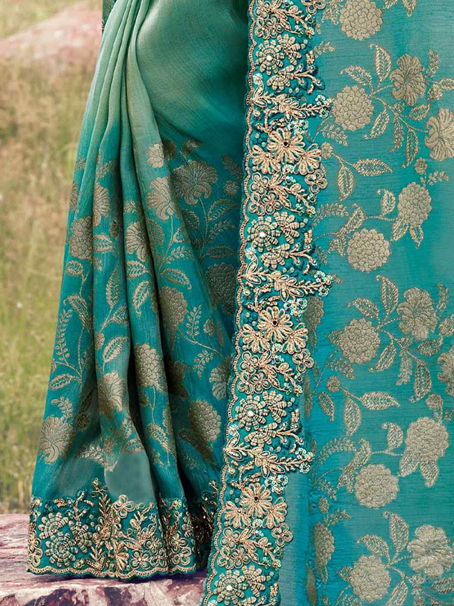 Turquoise Bagalpuri Silk Embroidery Bridal Reception Festival Wedding Fancy Heavy Border Saree