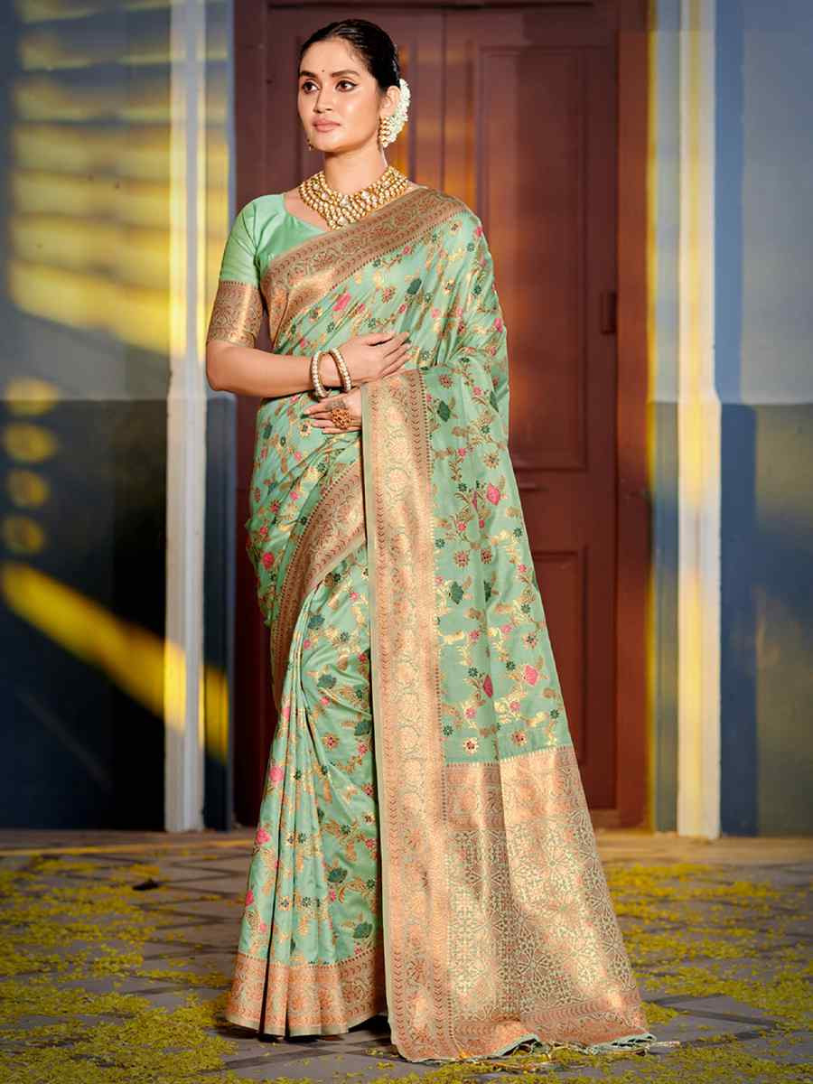 Turquoise Banarasi Silk HandWeaving Pall Festival Wedding Fancy Heavy Border Saree